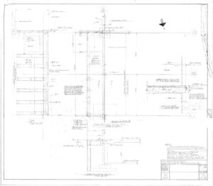 Architectural blueprint showing section details of a building foundation and wall structure, with labeled measurements, construction notes, and a title block in the bottom right corner. Lines and notes indicate materials and dimensions.