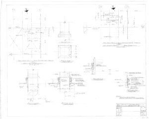 Technical engineering drawing showing multiple detailed views and dimensions of mechanical parts, including side, top, and section views, with handwritten notes and measurements throughout.