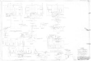 Faded technical blueprint drawing with detailed architectural and engineering notes, labeled sections, room layouts, measurements, and construction specifications across the entire page.