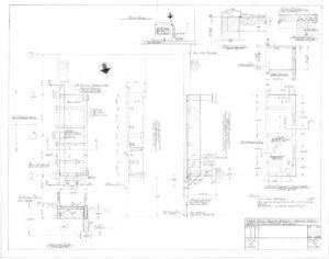Architectural blueprint showing detailed elevation and section views of structural elements, notes, reference marks, dimensions, and a title block in the lower right corner.