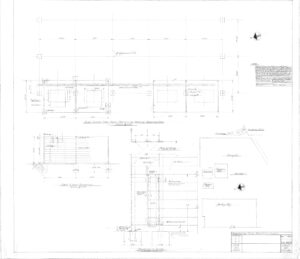 Faint architectural blueprint showing floor plans, measurements, structural details, and section views of a building. North arrows, notes, and scale information are included in the technical drawing.