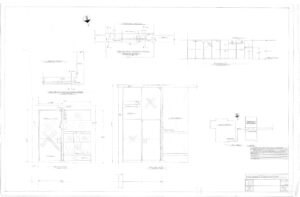 Architectural blueprint showing detailed elevations, sections, and construction notes for a door or window assembly. Includes dimensions, material references, and a small floor plan for placement context.