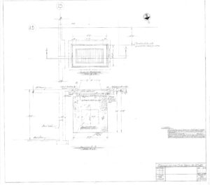 Architectural technical drawing showing detailed measurements and notes for a rectangular utility area, with dimensions, labeled sections, and annotations in pencil. North arrow and project details are in the top right and bottom right corners.