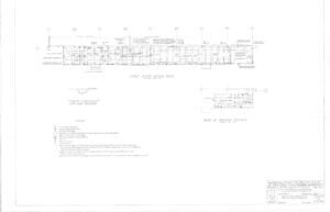 Architectural blueprint showing the first floor office plan of Seaboard Air Line Railway, with labeled rooms, a view of balconies, section details, and a notes section detailing specifications and instructions.