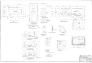 Architectural blueprint with detailed floor plans, section views, and construction notes for various building features, including walls, doors, and structural elements. Technical annotations and measurements are labeled throughout.