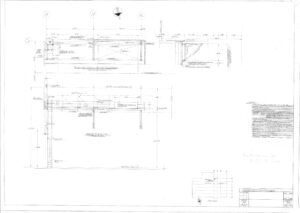 Architectural drawing showing detailed structural elevations, measurements, and notes for a building extension. Includes side and front views, construction details, reference markers, and a small site plan in the lower right corner.