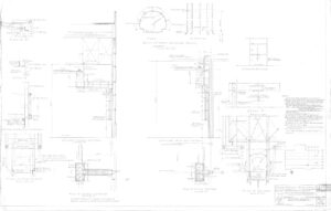 Architectural blueprint showing detailed construction drawings of platforms, partitions, and framing, including sections, plans, and elevations with measurements, labels, and notes for assembly and material specifications.