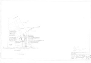A technical engineering drawing showing structural and construction details for a bridge abutment, with labeled components, notes, and a title block in the bottom right corner. The image is mostly white with fine black lines and text.