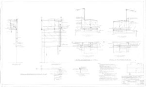 Architectural blueprint showing detailed side and sectional views of a platform lounge, including construction materials, elevations, ladder access, railing, and structural dimensions with extensive annotations.