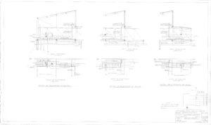 Architectural drawing showing multiple detailed elevation and section views of platform designs, including labeled dimensions, structural notes, and a small electrical diagram in the bottom right corner.