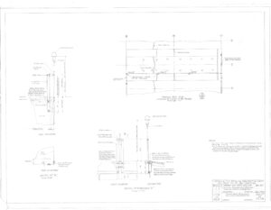 Architectural drawing of building details, including elevation and section views, labeled dimensions, notes, lamppost, and structural elements. The sheet includes various technical annotations and a title block in the lower right corner.