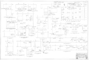 Architectural blueprint with multiple detailed technical drawings, measurements, and labels for various sections and parts of a building. Title blocks and notes appear in the bottom right and top corners.