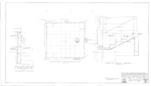 Architectural blueprint showing three detailed drawings: a section of a retaining wall, a top-down plan of a basement, and a cross-section of a concrete stairway with railings, all labeled with dimensions and annotations.