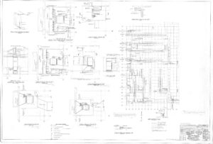 Architectural blueprint showing detailed construction drawings, elevations, sections, and measurements for various wall and window assemblies. The sheet includes technical notes, labels, and a grid layout with a title block in the lower right corner.