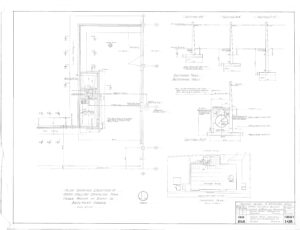 Architectural drawing showing the plan and sections of a 5000-gallon oil storage tank in a basement garage, including details of the retaining wall, tank installation, and labeled measurements and notes.