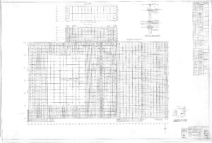 Structural engineering drawing showing a detailed foundation plan with grid lines, columns, beam layouts, dimensions, reinforcement details, and notes. Includes a footing schedule, section views, and construction specifications.