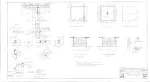 Architectural blueprint of a small building, showing floor plan, foundation, roof framing plan, elevations, and construction details with measurements, annotations, and a title block in the lower right corner.
