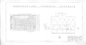 Black and white construction progress schedule showing a contractor’s schedule table on the left and a general plan diagram of a factory and office building on the right, with labeled sections and a title block at the bottom.