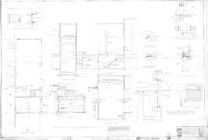 Architectural blueprint showing detailed building sections, elevation details, stair cross-sections, wall assemblies, and structural components, with annotations and measurements throughout. Title block is visible in the bottom right corner.