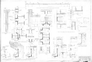 Architectural blueprint showing detailed construction sections and elevations, including wall, window, and door details with measurements and material notes, all labeled for various building components and structural elements.