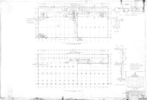 Blueprint drawing showing two architectural floor plans with detailed measurements, gridlines, notes, and a title block in the bottom right corner. The top plan includes rooms and labeled sections; the bottom shows a gridded structural layout.