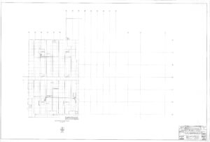 Architectural floor plan drawing showing a partial building layout with gridlines, room outlines, structural columns, and design notes. Title block with project and architect information is in the lower right corner.
