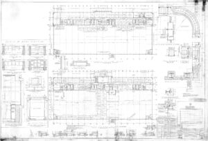 Architectural blueprint showing detailed floor plans, elevations, and sections of a large building, including room layouts, staircases, partition details, and technical annotations throughout the drawing.