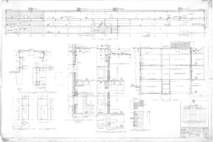 Architectural blueprint showing detailed structural and sectional drawings of a building, including floor plans, cross-sections, construction details, and measurements, with technical notes and a project title block in the lower right corner.