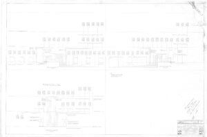 Faint engineering schematic divided into four sections, each showing complex electrical or network diagrams with labeled boxes and connecting lines. Title block and notes appear in the bottom right corner.