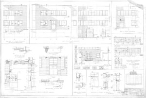 Architectural blueprint of a building showing detailed elevations, floor plans, sections, and construction notes, including windows, doors, room layouts, and technical specifications in black and white.