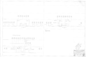 Faint architectural blueprint showing building elevations, wall sections, doors, windows, and technical notes. The drawing includes titles, labels, and a title block with project information in the bottom right corner.