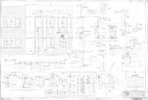 Detailed architectural blueprint showing floor plans, elevations, and technical drawings for a building labeled Wright Corporation 555 Aeroplane. Includes grid lines, notes, measurements, door, and window details.