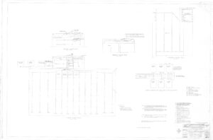 Architectural blueprint showing detailed floor plans and elevations for an industrial or commercial facility, including labeled sections, columns, doorways, and technical notes. Multiple diagrams and a title block appear on the page.