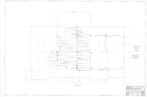 Faint structural floor plan drawing of a building with grid lines, dimensions, and labeled sections; includes notes, scale, and title block in the bottom right corner.