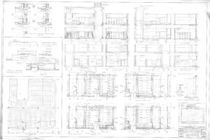 Architectural blueprint with multiple detailed floor plans, elevation views, and section drawings. Labels and measurements are visible, along with legends and a project information box in the lower right corner.