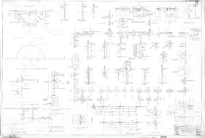 Architectural blueprint showing detailed structural drawings and cross-sections of a building, including dimensions, annotations, various views, and technical specifications for construction. The sheet includes a title block in the lower right corner.