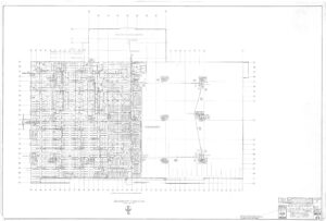 Detailed architectural basement floor plan with labeled rooms, gridlines, measurements, and notes; title block in the bottom right corner includes project and drawing information.