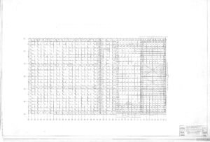 A technical architectural floor plan drawing showing a grid of rooms and corridors with various symbols, notations, and measurements. The drawing includes a title block in the bottom right corner with project details.