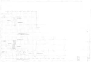 Faint architectural floor plan with grid lines, various room outlines, and technical annotations. Two main sections are shown, each labeled with measurements and construction details. Title block visible in the bottom right corner.