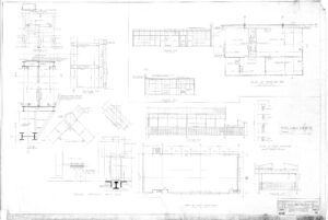 Architectural blueprint showing detailed construction drawings, sections, elevations, floor plans, and structural elements for a building project, including labeled measurements and technical notes.