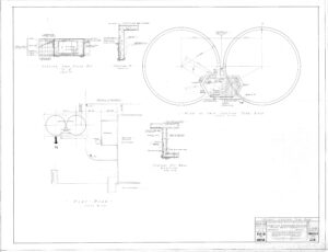 Architectural drawing showing top, side, and plot plans of two circular tanks, labeled dimensions, structural details, and notes, with a north directional arrow and a title block in the lower right corner.