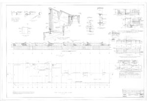 Architectural blueprint showing detailed structural drawings, including elevation views, sections, dimensions, and construction notes for a building project. Various technical annotations and a title block are visible.