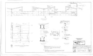 Architectural drawing showing multiple cross-sections and detailed construction notes for a building, including window, pillar, and roof structures. Labels, measurements, and scale are provided throughout the sheet.