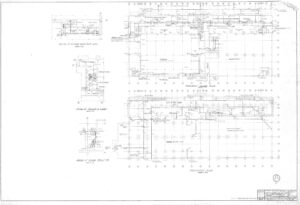 Architectural blueprint showing detailed floor plans and building sections with labeled dimensions, gridlines, notes, and structural elements for a construction project. Several section views are on the left side.