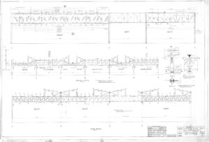 Black and white engineering drawing of a bridge truss structure, showing multiple elevation views, cross-sections, detailed labels, measurements, and construction notes, with a title block in the lower right corner.