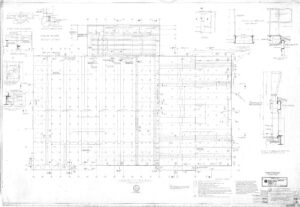 Architectural blueprint showing a detailed floor plan with measurements, structural notes, section views, and technical details for beams, columns, and reinforcement. Title block and scale appear in the bottom right corner.