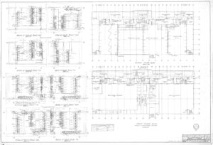 Architectural blueprint showing the first floor plan of a building, including detailed room layouts, corridors, and annotations. Additional smaller detailed plans are arranged on the left side of the drawing.