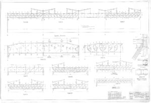 Engineering blueprint of a bridge truss structure with multiple detailed elevation and section views, labeled dimensions, component notations, and technical notes, including connection and support details in the lower right corner.