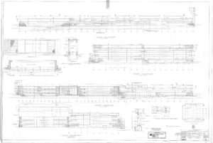 Architectural blueprint showing detailed north, south, east, and west elevation drawings of a building, including measurements, structural notes, and a small site plan in the lower right corner.