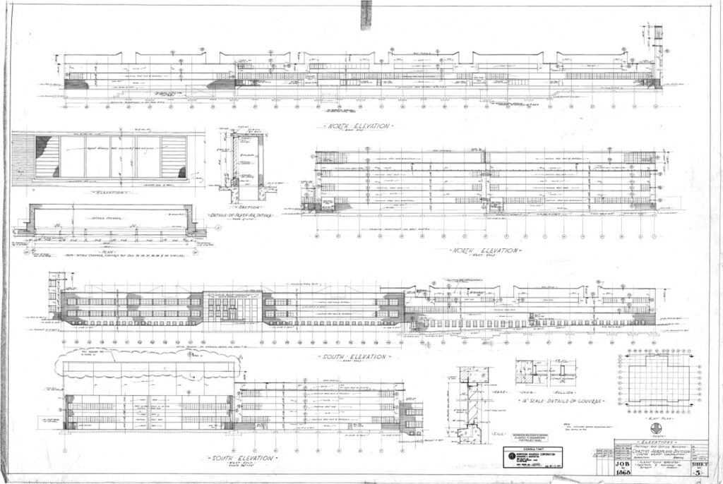 Architectural blueprint showing multiple building elevations, sections, and detailed measurements; includes north, south, and west views, construction notes, and a grid layout in the bottom right corner.